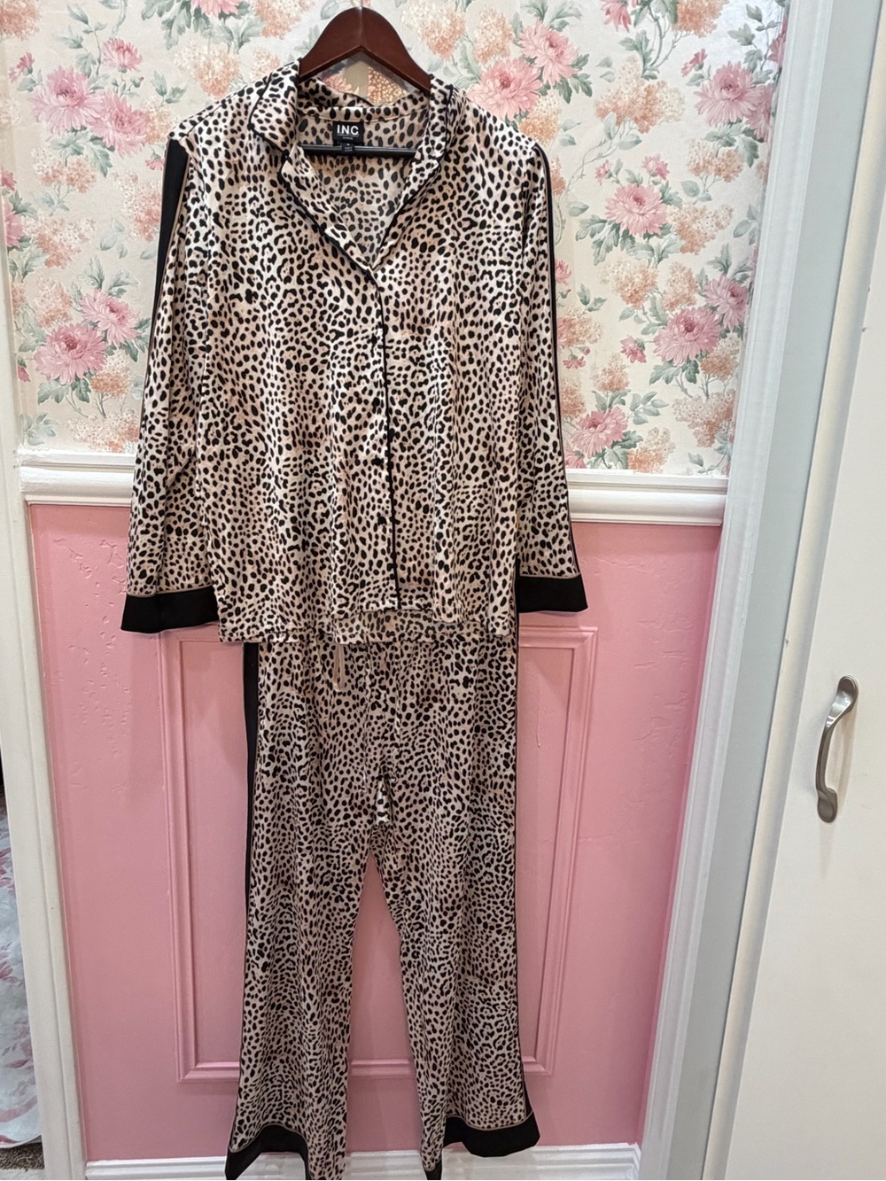 INC International Concepts Leopard-Print Pajama Set in Beige and Black Trim